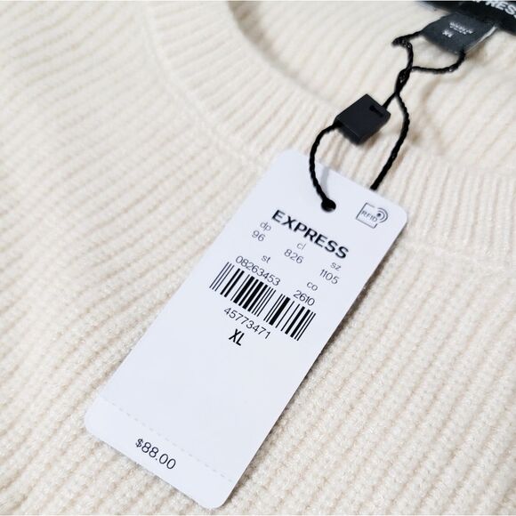 Express Ivory Relaxed Crew Neck Sweater Faux Leather Patch Sleeve Size XL - Picture 5 of 7